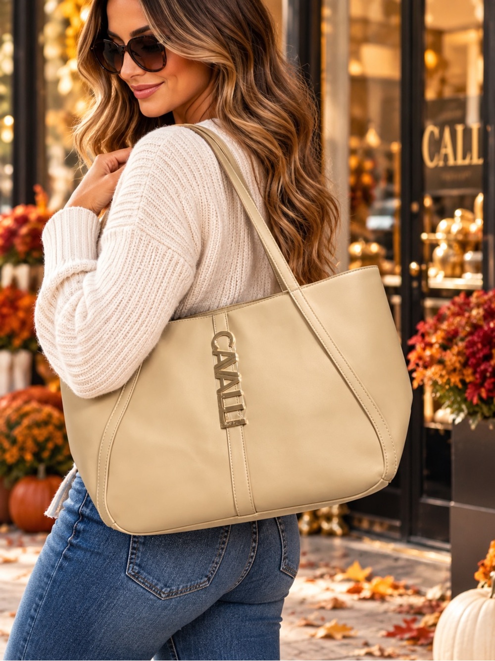Cavalli Class Beige Leather Tote with Gold Logo